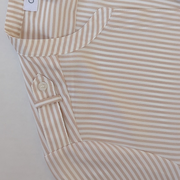 Calvin Klein Striped Button Tab Button Up Semi-Sheer Blouse MEDIUM White Tan - Picture 13 of 15